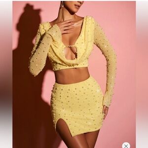 Oh Polly Yellow Pearl-Embellished Crop Top & Mini Skirt Set